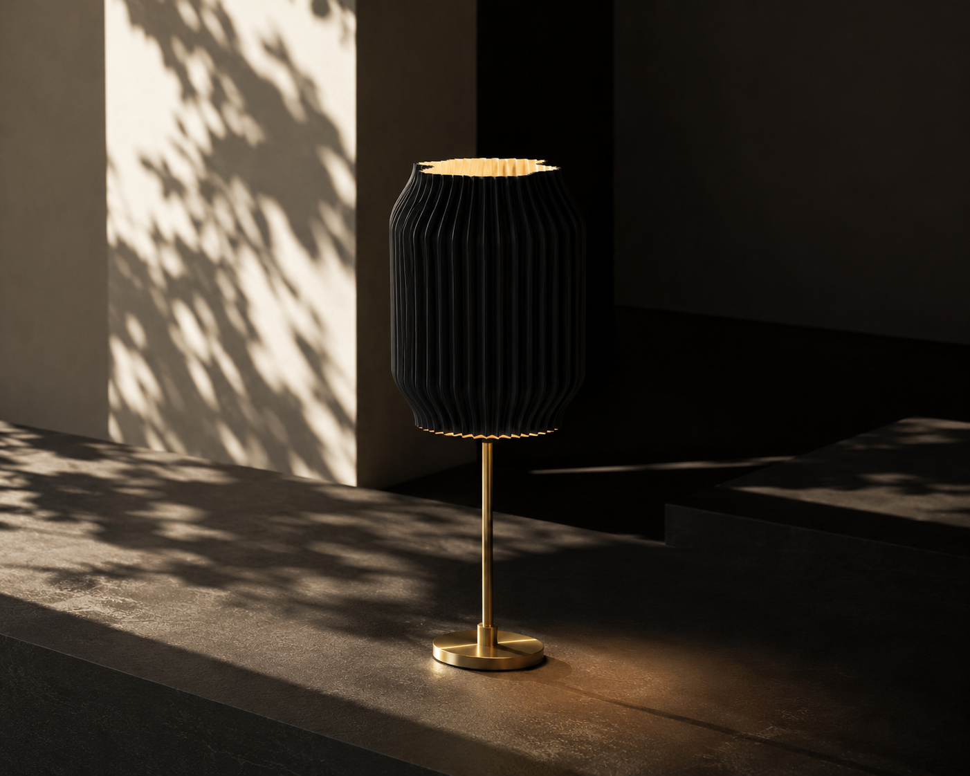Dark architectural room with a sculptural Reed Column lamp