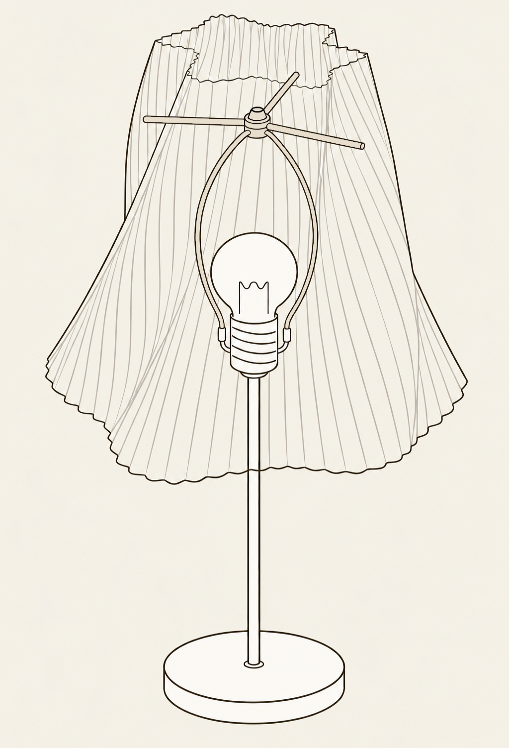Cutaway lamp showing a metal harp rising around the bulb to support the shade